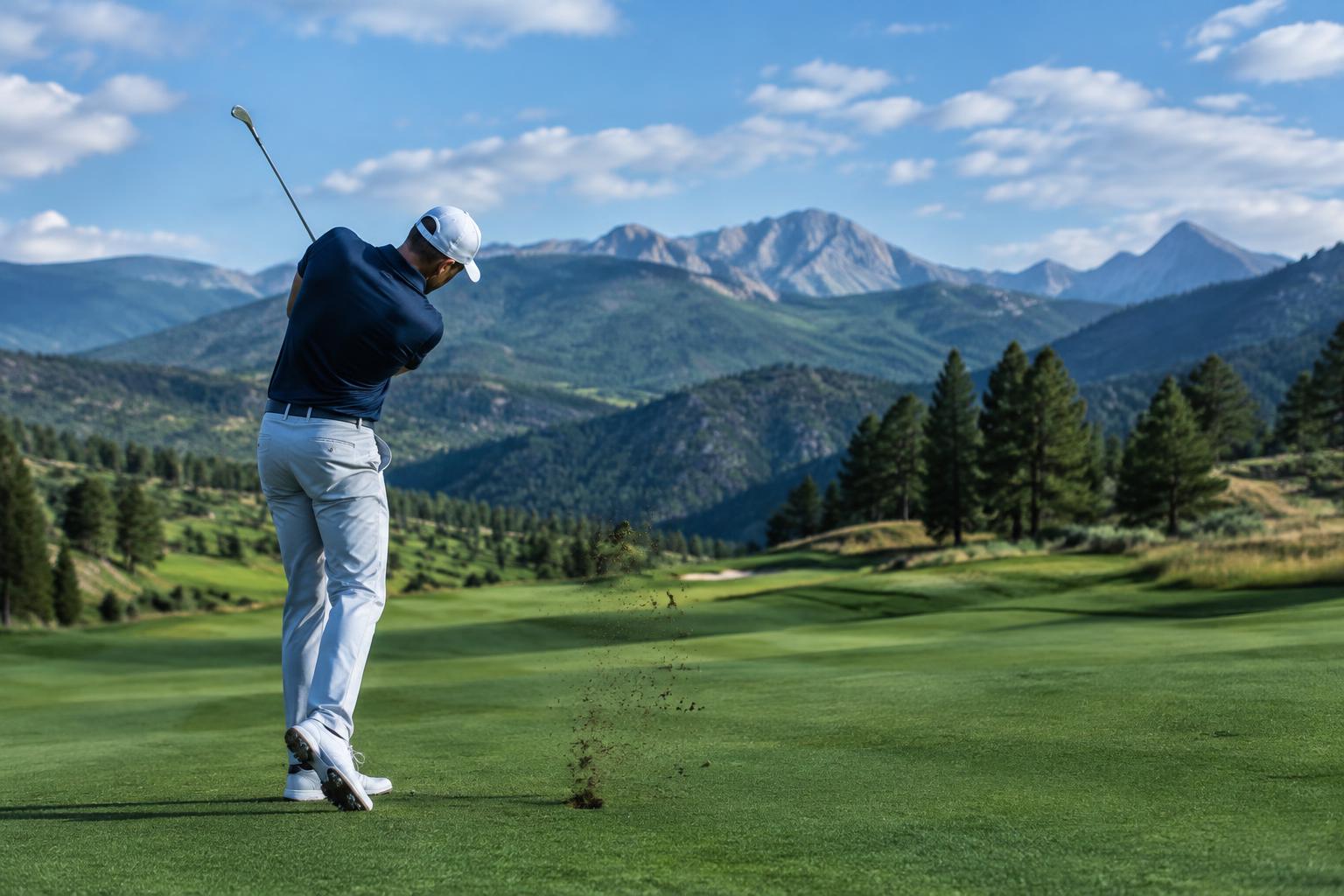 Golfer striking an iron shot off the fairway with turf spraying behind the ball