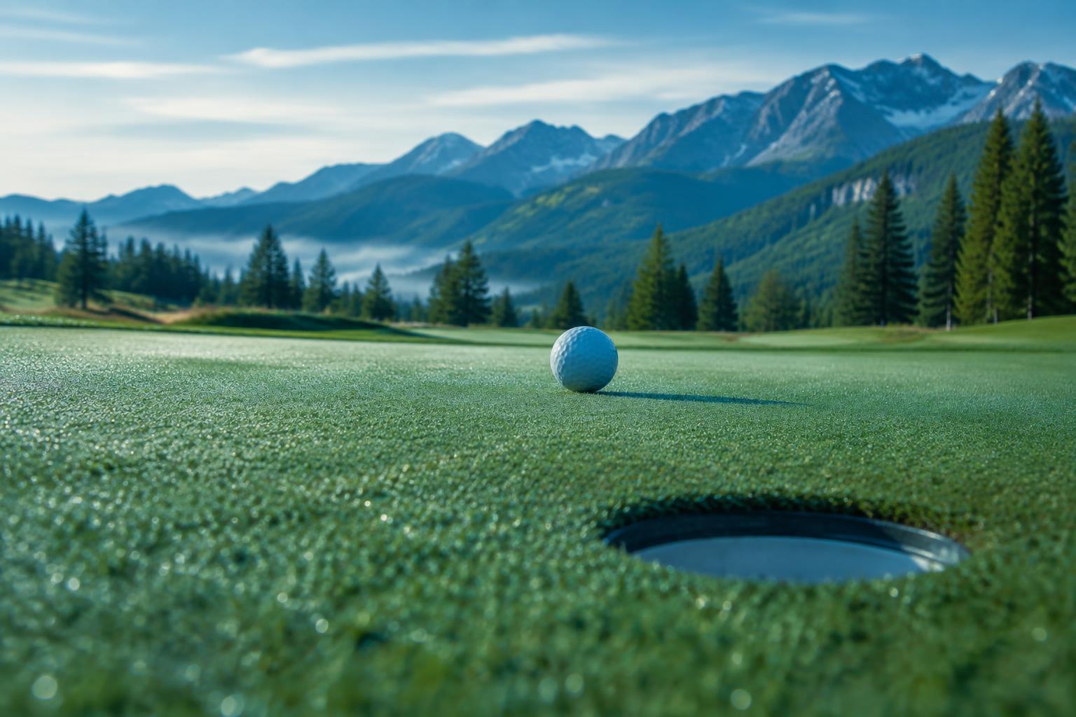 Golf ball at the lip of the cup on a dew-covered putting green at dusk