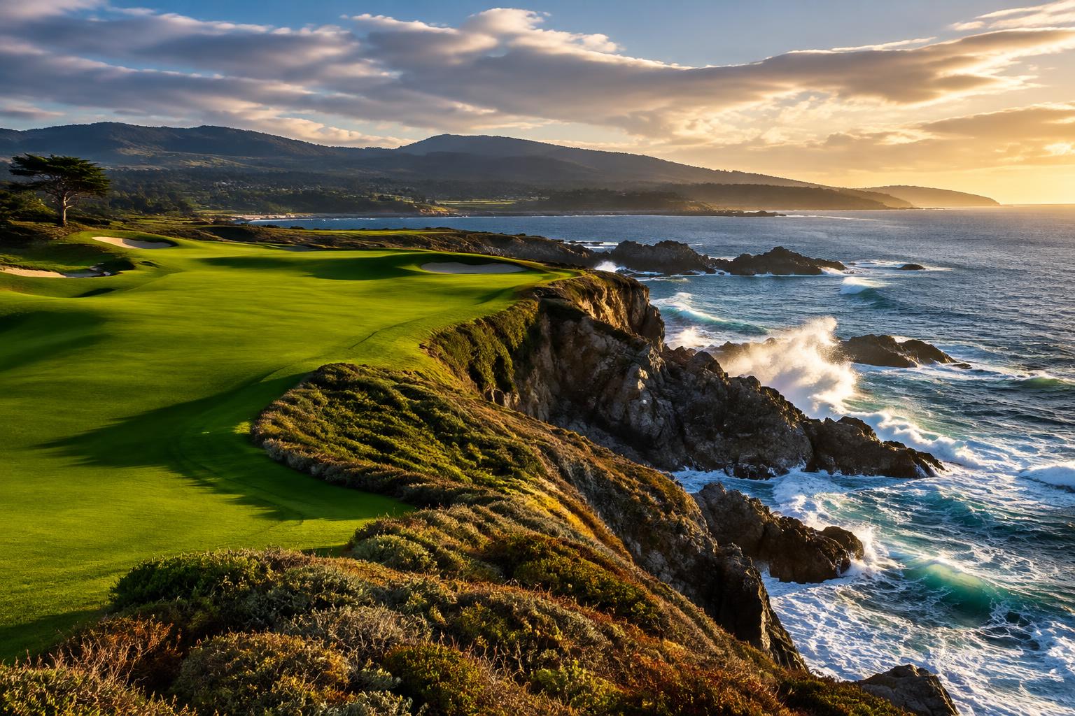 A dramatic Pacific coastline golf hole in late afternoon light